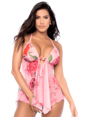 Nuisette résille rose imprimé floral et string - MAL7607BLPD